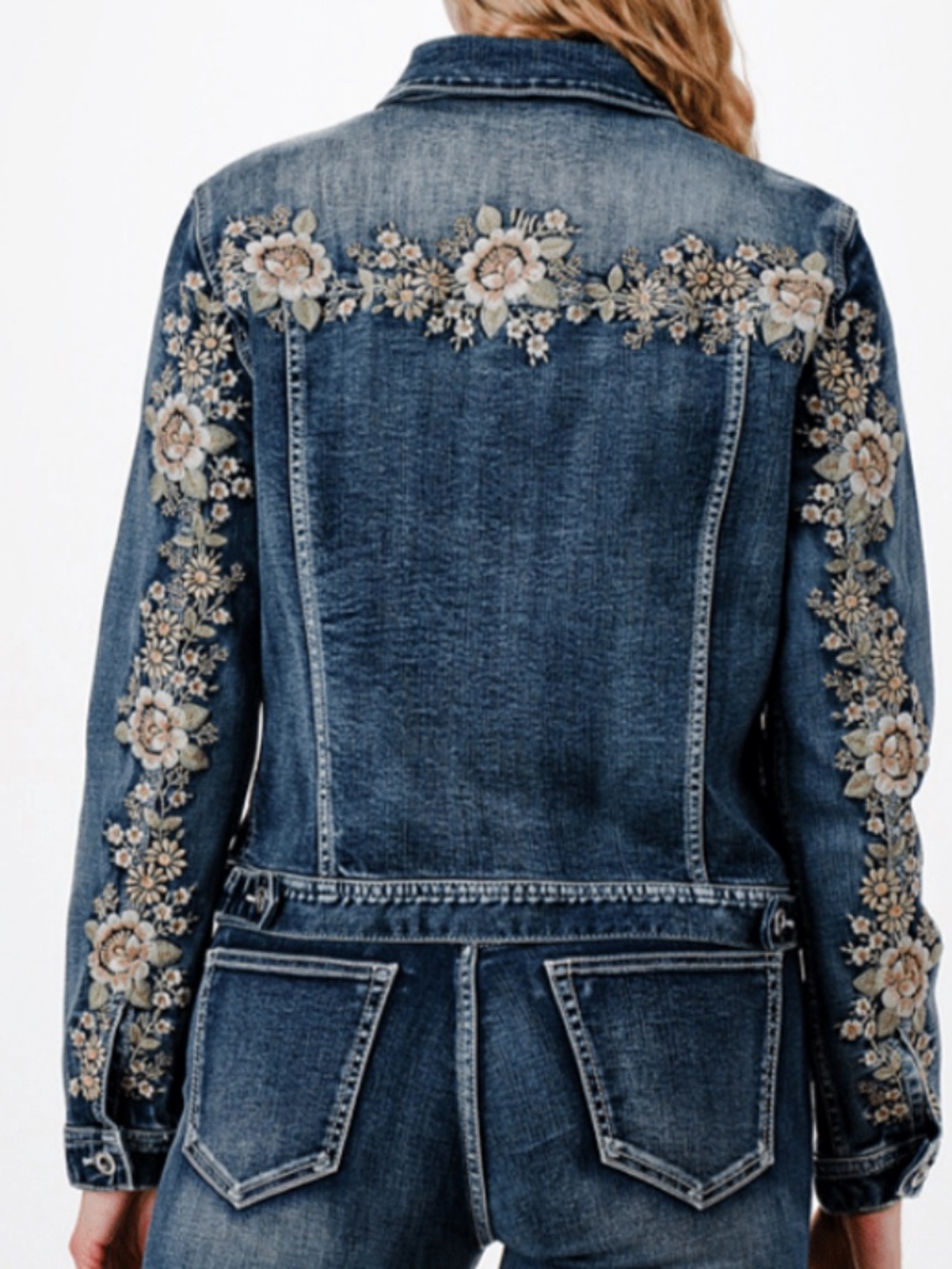 Grace in LA denim jacket with embroidered flowers